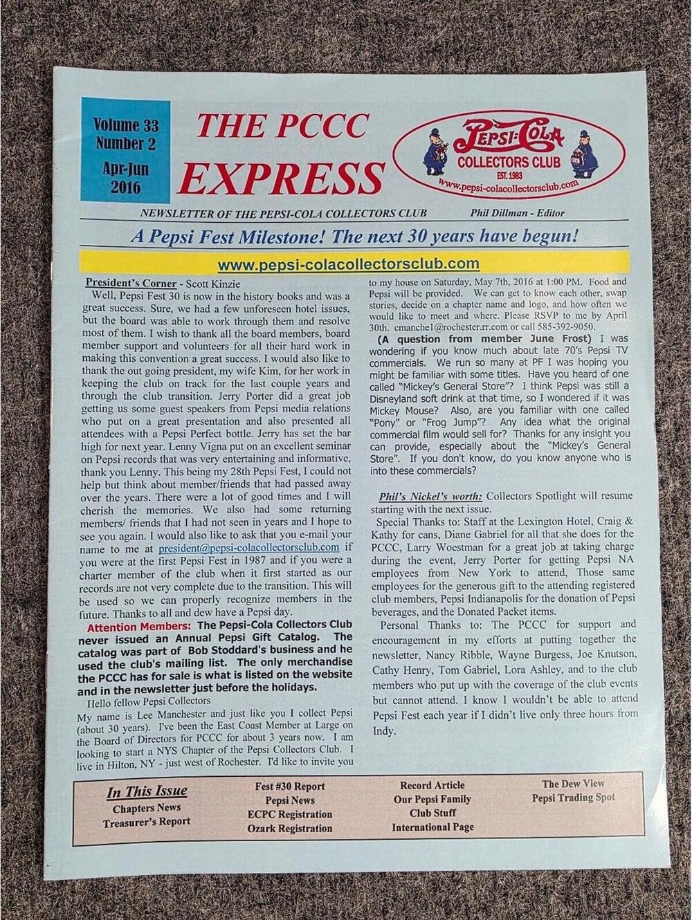 Pepsi-Cola Collectors Club Newsletter Apr-Jun 2016 Pepsi Fest Info